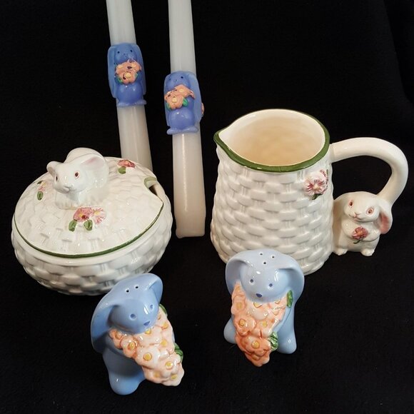 Vintage Avon Bunny Easter Taper Candles Salt Pepper Sugar Creamer Rabbits Lot - Picture 1 of 9